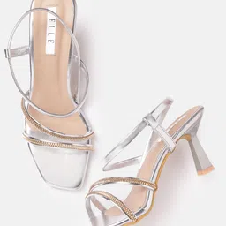 ELLE Silver-Toned & Rose Gold-Toned Link Embellished Block Heels-17