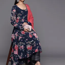 Varanga Women Navy Blue & Peach Floral Printed Georgette Anarkali Kurta With Dupatta-image-68