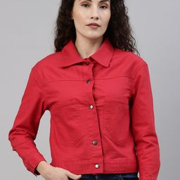 Campus Sutra Women Red Solid Denim Jacket-image-94