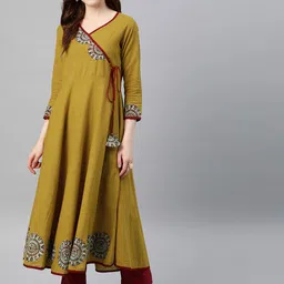 YASH GALLERY Women Mustard Yellow Solid A-Line Kurta-image-63