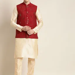 SOJANYA Men Gold-Toned Silk Cotton Kurta with Churidar-picture-22