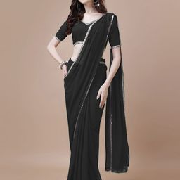 FORKEY Embellished Mirror Work Detailed Kasavu Saree-image-95
