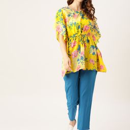 Sangria Women Yellow & Blue Pure Cotton Floral Print Tunic with Trousers-image-71
