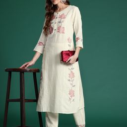 Indo Era Floral Embroidered Thread Work Pure Cotton Kurta with Trousers-image-11