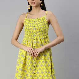 MALHAAR Yellow & Grey Ethnic Fit and Flare Cotton Dress-picture-57