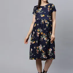 MomToBe Women Navy Blue Printed A-Line Maternity Nursing Sustainable Dress-image-17