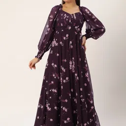 Ethnovog Floral Print Puff Sleeve Georgette Maxi Dress-image-49