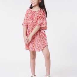 Ed-a-Mamma Pink Ethnic Motifs Tie-Up Neck Kaftan Dress-74