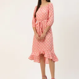 BRINNS Peach-Coloured & White Printed A-Line Midi Dress-picture-0