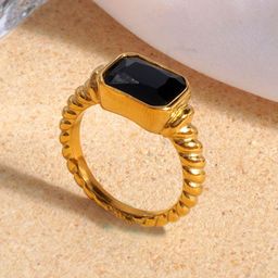 AQUASTREET 18K Gold Plated Waterproof Antitarnish Titanium Steel Black Glass Stone Ring-image-59