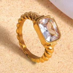AQUASTREET 18K Gold Plated Waterproof Antitarnish Titanium Steel White Glass Stone Ring-image-54