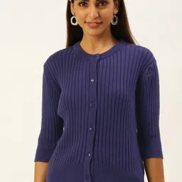 FOREVER 21 Women Navy Blue Ribbed Pure Cotton Cardigan-image-85