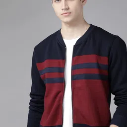 Roadster Men Navy Blue & Maroon Colourblocked Sweatshirt-image-6