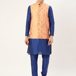 SOJANYA Men Blue & Peach-Coloured Solid Kurta with Churidar & Nehru Jacket-9