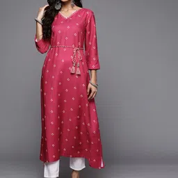 Varanga Women Pink & White Bandhani Printed Thread Work Indie Prints Kurta-picture-58