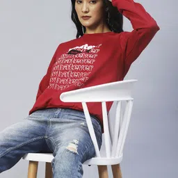 Rigo Women Maroon Printed Round Neck Fleece Sweatshirt-image-49