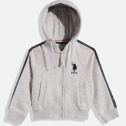 U.S. Polo Assn. Kids Boys Grey Melange Solid Hooded Front-Open Sweatshirt-picture-41