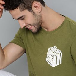 Mast  Harbour Men Olive Green  White Printed Detail Round Neck Pure Cotton T-shirt-image-65