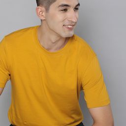 HERE&NOW Men Yellow Solid Pure Cotton T-shirt-image-79
