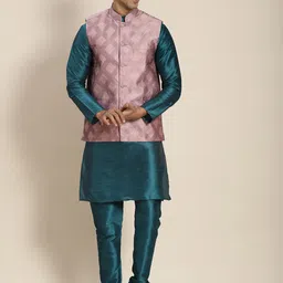 SOJANYA Men Teal Kurta with Churidar with Nehru Jacket-picture-7
