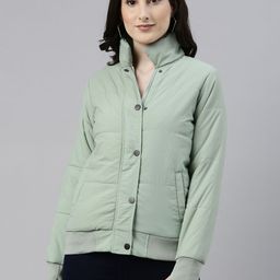 Campus Sutra Women Sea Green Solid Windcheater Padded Jacket-image-69