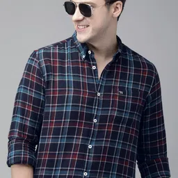 THE BEAR HOUSE Men Navy Blue Slim Fit Checked Flannel Pure Cotton Casual Shirt-image-80