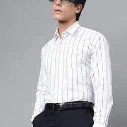 Hancock Men White & Navy Blue Slim Fit Striped Formal Shirt-image-28