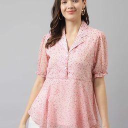 BAESD Floral Printed Lapel Collar Puff Sleeves High-Low Top-image-25