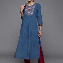 Varanga Women Blue & Grey Ethnic Motifs Embroidered Pleated Kurta-image-16