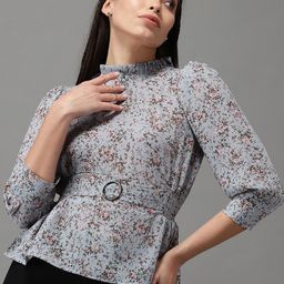 SHOWOFF Grey & Peach-Coloured Floral Print Georgette Cinched Waist Top-3