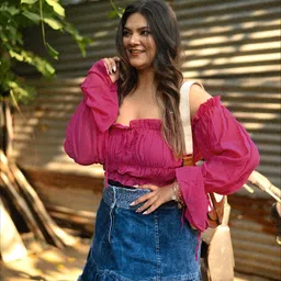 SASSAFRAS Fuchsia Off-Shoulder Georgette Blouson Crop Top-52