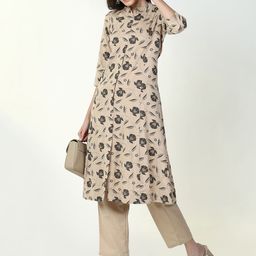 SHOWOFF Floral Printed Panelled Mandarin Collar A-Line Kurta With Trouser-12