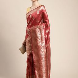 Leeza Store Red Woven Design Silk Blend Banarasi Saree-image-100