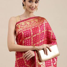 Mitera Pink & Golden Bandhani Silk Blend Bandhani Saree-image-119