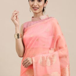 Mitera Pink & Golden Paisley Linen Blend Banarasi Saree-image-62