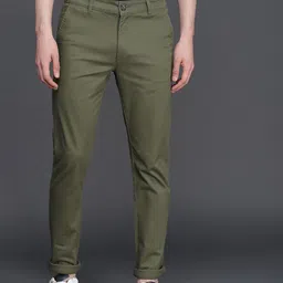 WROGN Men Olive Green Slim Fit Solid Regular Trousers-image-22