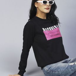 Rigo Women Black Printed Round Neck Fleece Sweatshirt-image-48