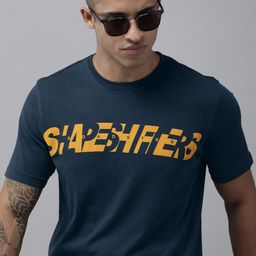 Roadster Men Navy Blue & Mustard Yellow Typography Printed Pure Cotton T-shirt-image-85