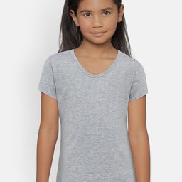 SINI MINI Girls Grey Melange Solid Round Neck Pure Cotton T-shirt-image-17
