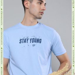 HERE&NOW Men Blue Typography Printed Pure Fairtrade cotton T-shirt-image-78