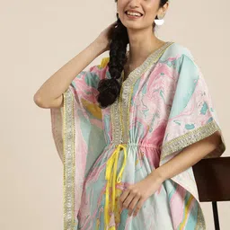 Taavi Women Blue & Pink Pure Cotton Marbel Print Kaftaan Kurta-image-29
