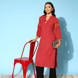 Sangria Tassel Detailed Mirror Work Puff Sleeves Kurta-image-50
