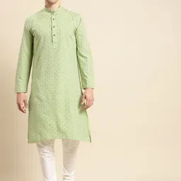 RAJUBHAI HARGOVINDAS Men Green Geometric Printed Handloom Kurta-image-79