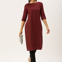 Saanjh Maroon & Yellow Striped Boat Neck Straight Kurti-image-107