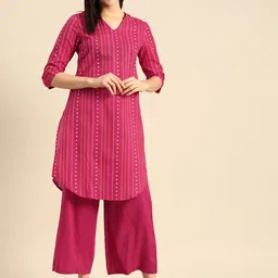 Anouk V-Neck Striped Pure Cotton Kurta with Palazzos-image-27