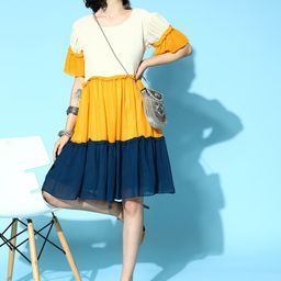 Kvsfab Women Yellow Colourblocked Ruffled Dress-10