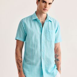 Red Flame Vertical Striped Cotton Linen Casual Shirt-image-94