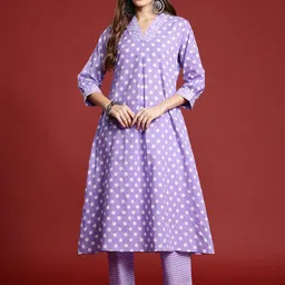 Indo Era Printed Pleated Pure Cotton Kurta with Trousers-33