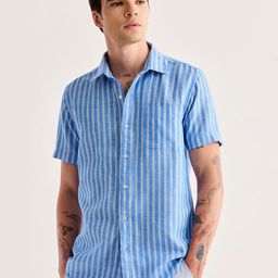 Red Flame Vertical Striped Cotton Linen Casual Shirt-image-85