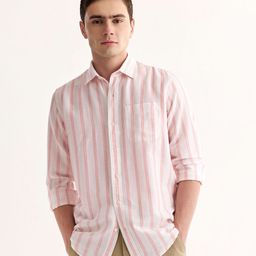 Red Flame Vertical Stripes Spread Collar Cotton Linen Casual Shirt-image-66
